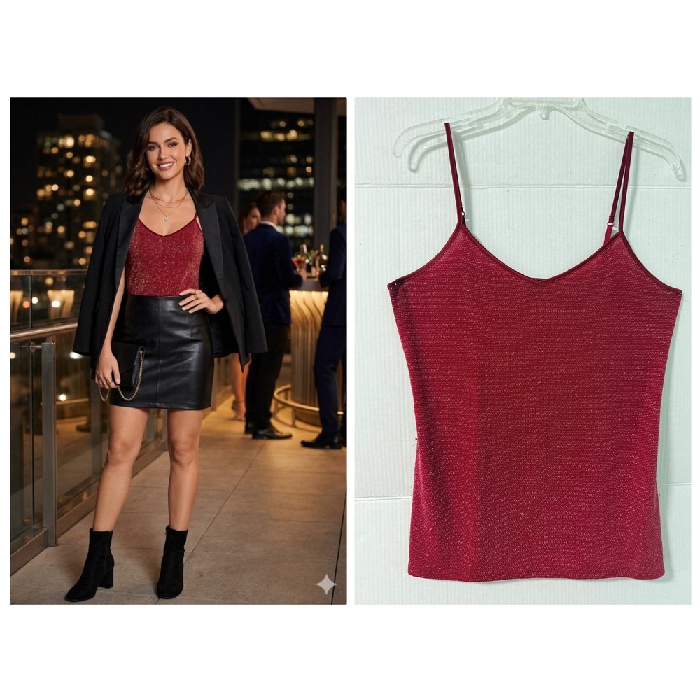 Express Cami Top Womens L Wine Metallic Shimmer V-Neck Spaghetti Strap Y2K Glam